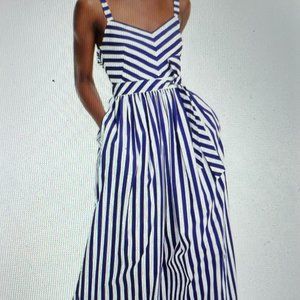 J. Crew Dark Blue and White Stripe Ruffle Cotton Maxi Dress